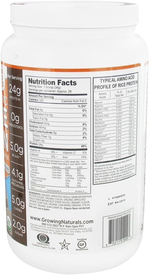 Growing Naturals Organic Rice Protein Powder, Chocolate, 952 Gram: Health & Personal Care