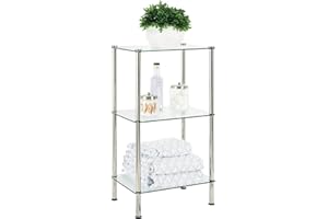mDesign Metal/Glass 3-Tier Storage Tower, Narrow Shelving Display Unit, Open Glass Shelves; Multi-Use Stand for Living Room, Bathroom, Home Office, Hallway, Bedroom Organization - Chrome/Clear