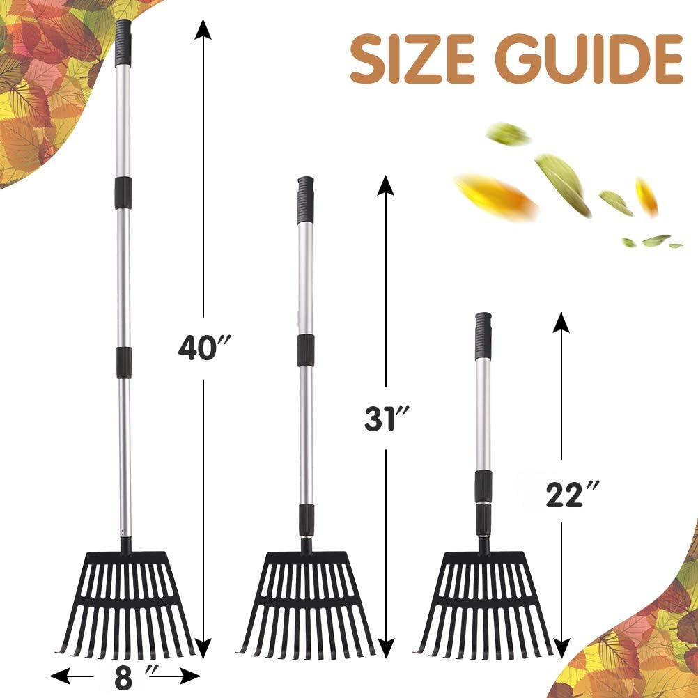 OUTCREATOR Telescopic Garden Leaf Rake, 22" - 40" Telescopic Lightweight Aluminum Handle 11 Tines Rake, 8" Inch Wide, for Gardeners, Kids Leaf Rake, Garden Shrub Rake, Easy to Carry : Garden & Outdoor
