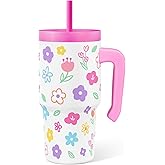 Floral Tumbler 20oz with Handle and Silicone Straw Lid for Kid, Insulated Stainless Steel Cup, Gift for Kids Girls, Gifts Idea for Birthday Christmas Back to School