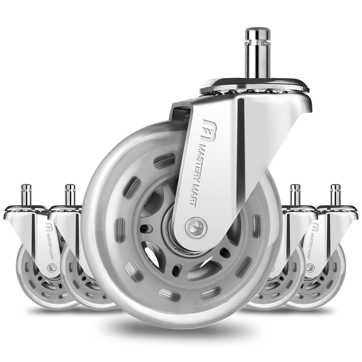 Mastery Mart Office Chair Wheels Replacement 11x22mm, Rollerblade Style Office Chair Castors for Hardwood Floors, Ultra Heavy Duty, Quiet Smooth (Not for 1KEA Chair, Set of 5, Silver)