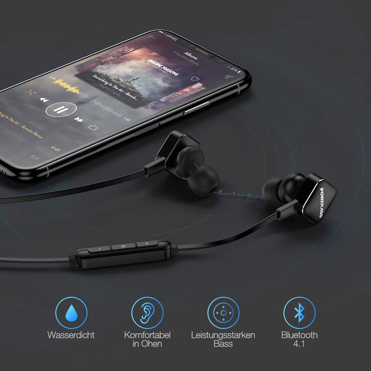 POWERADD Bluetooth Kopfhörer Sport Kopfhörer Bluetooth 4.1 leicht Wireless Ohrhörer wasserdicht IPX4 mit Mikrofron für iPhone, iPad, Samsung, Huawei, HTC und weiter Bluetooth-Gerät