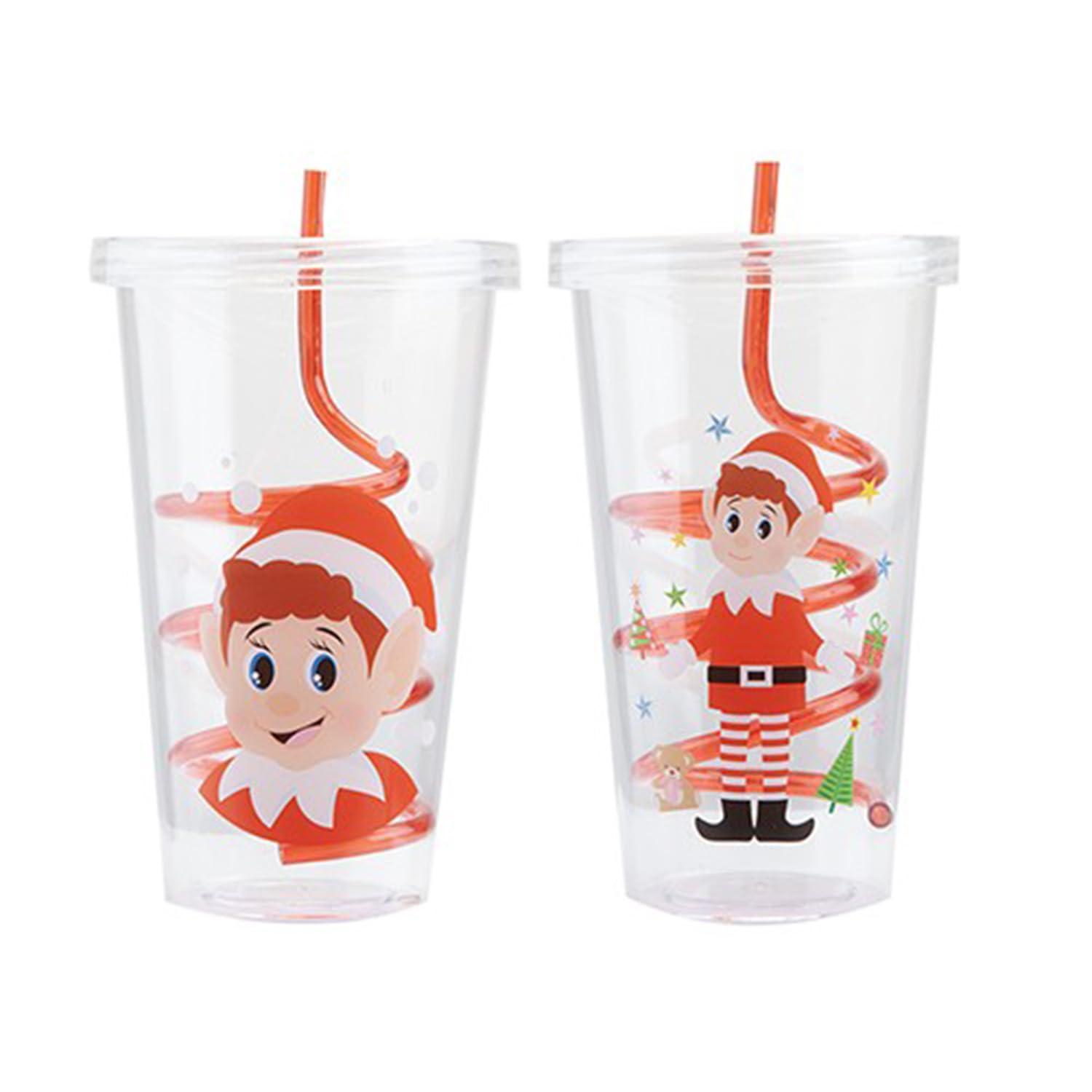 PMS Elves Behaving Badly Christmas Drinking Cup with Straw Assorted Designs Reusable Plastic Xmas Festive Gift