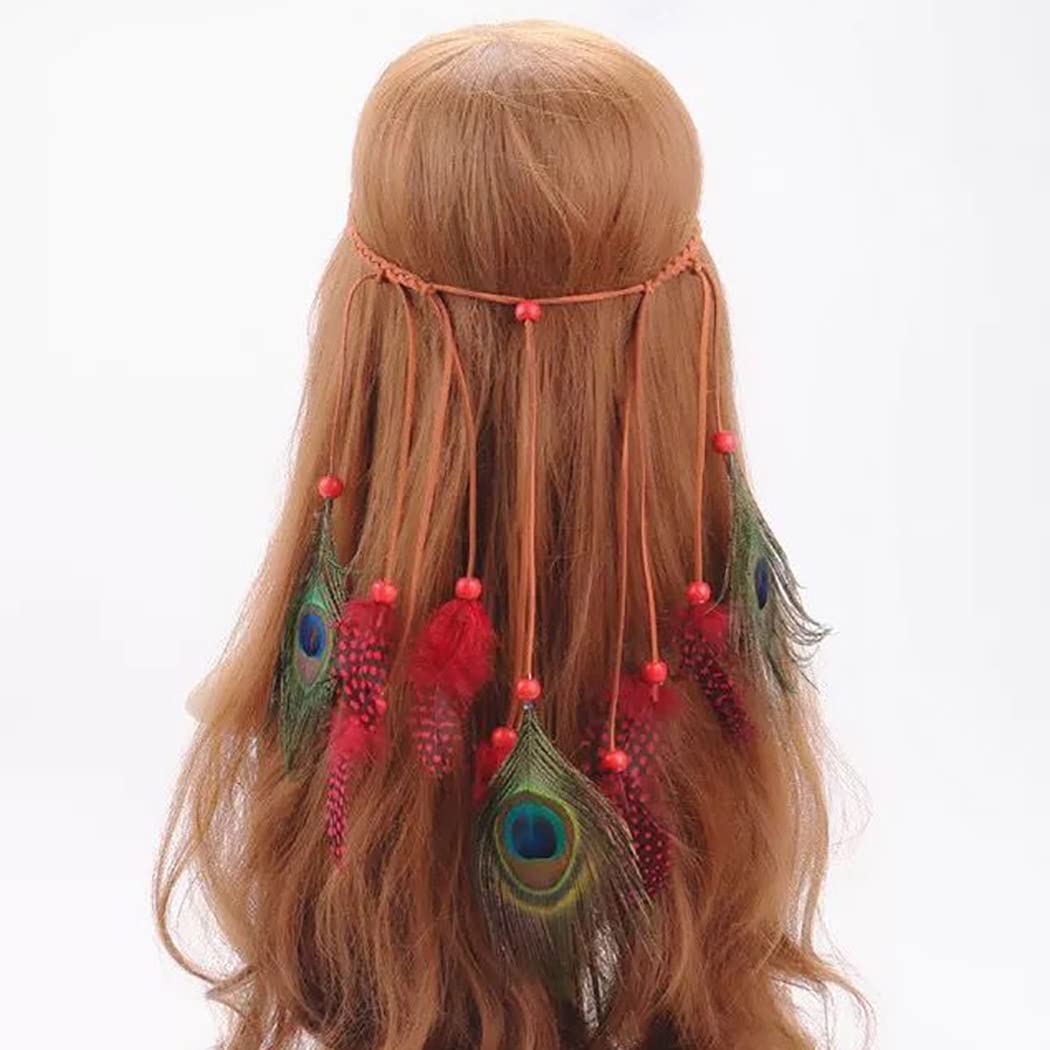 Zoestar Boho Peacock Feather Headband Red Vintage Indian Headpiece Hippie Tribal Head Chain 1920s Festival Hair Jewelry Retro Hair Accessories for Women