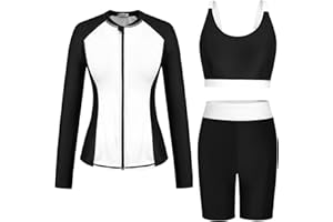GRACE KARIN Women's 3 Piece Rash Guard Built-in Bra Long Sleeve UV Sun Protection Swimsuit Zip up Swim Top Shirt Modest