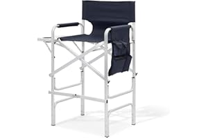 MoNiBloom 31-Inch Foldable Tall Director Chair Folding Portable Aluminum Frame Makeup Artist Chair, with Side Table, Cup Holder and Pockets, 250lbs Capacity (Navy Blue)