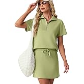 GRECERELLE Women's Summer 2 Piece Skort Set Half Zip Short Sleeve Top & Pocketed Tennis Skirt For Sports & Vacations.