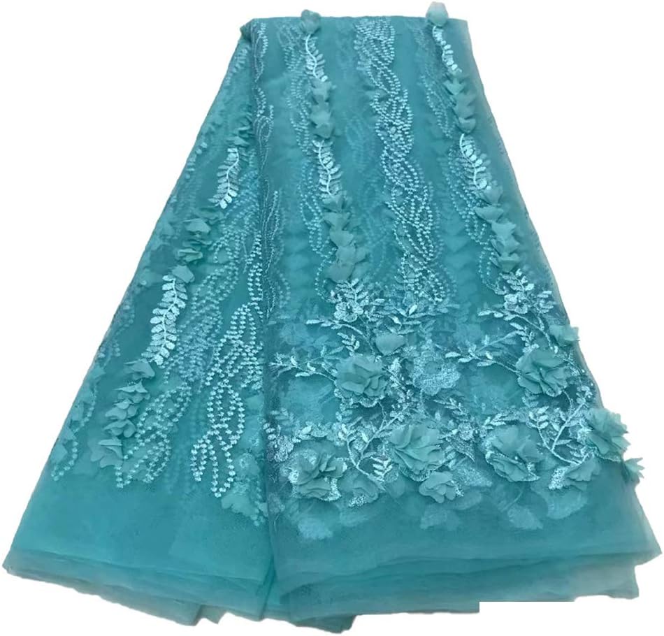 Pure Color African Lace with Beads 3D Flower Design Tulle Lace Fabric for Wedding Party