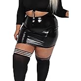 TDNZSEL Women's Plus Size PU Shiny Patent Faux Leather Black Mini Skirt Sexy High Waist Shiny Liquid Metallic Wet PVC Skirt