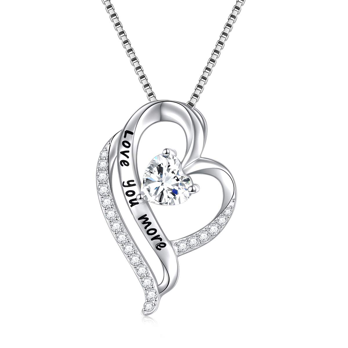 Flyow Valentine' s Day Gift 925 Sterling Silver Heart Necklace with Message Love You More Cubic Zirconia Pendant 18 Inches (Love you more)