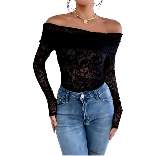1 STATE Lace-Trim Off-The-Shoulder Top (Blue, M) at Amazon Women's