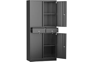 GLADIW Metal Storage Cabinet, Garage Storage Cabinet with 2 Drawers and 2 Adjustable Shelves, Locking Cabinet for Homes, Offices, Kitchens, Schools and Pantries, Black, Assembly Required