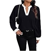 SOLY HUX Women's Plus Size Tops Notched V Neck Long Sleeve Color Block Casual Work Blouse