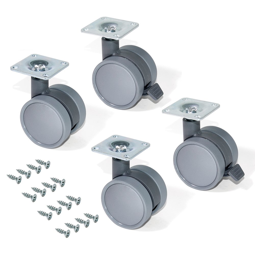 Emuca 2036421 Pack of 4 grey swivel castors for furniture (2 with brake and 2 without brake) 50mm diameter with fixing plate and ball bearings