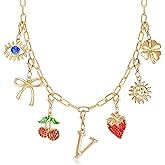 Initial Charm Necklace for Women, Evil Eye Four-Leaf Clover Sun Bow Cherry Strawberry Removable Charms Necklace Paper Clip Chain Choker, Trendy Jewelry Birthday Christmas Gifts for Her (Letter V )