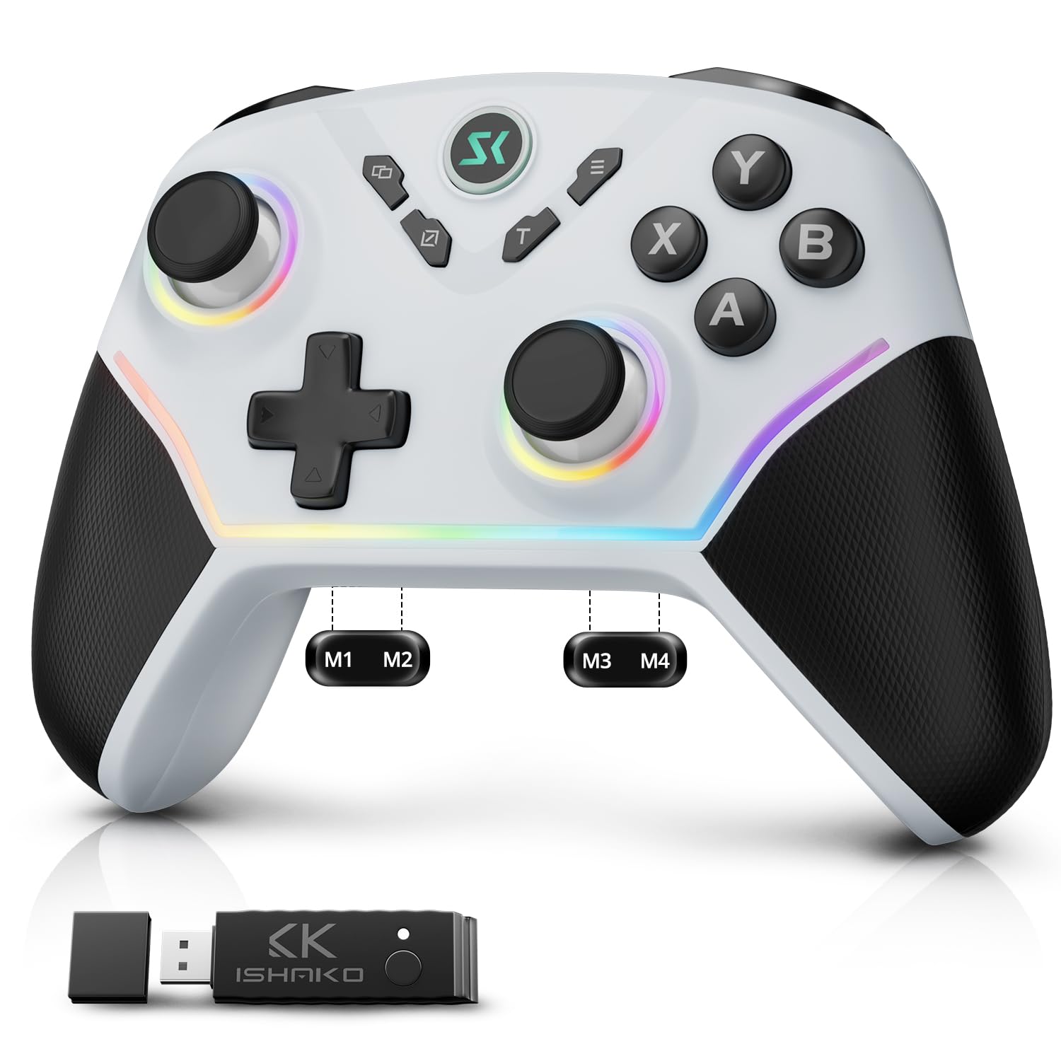 ISHAKO Wireless Gaming Controller with Hall Effect Joysticks&Triggers, 1200mAh Battery, 1000Hz Polling Rate, 4 Back Buttons, RGB Lighting – Works with PC Windows/Mac/Steam/Luna/Tesla/Switch- White