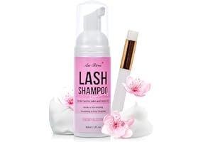 AUREVE Lash Shampoo for Lash Extensions 60 Ml/2fl.oz Eyelash Extension Cleanser Oil Free Lash Cleanser for Eyelash Care, Gentle Foaming Eyelash Shampoo with Brush for Salon Home Care (Cherry Blossmom 60ml)