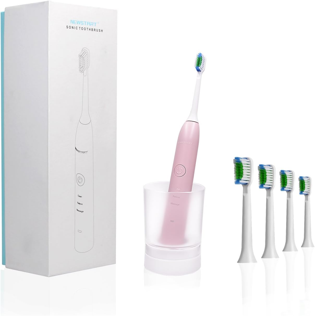 Electric Toothbrush Sonic Brushes with Timer Clean Teeth Rechargeable Wireless Charging 30 Days NEWSTART 3 Brush Modes 5 Replacement Heads IPX7 Waterproof for Family Pink