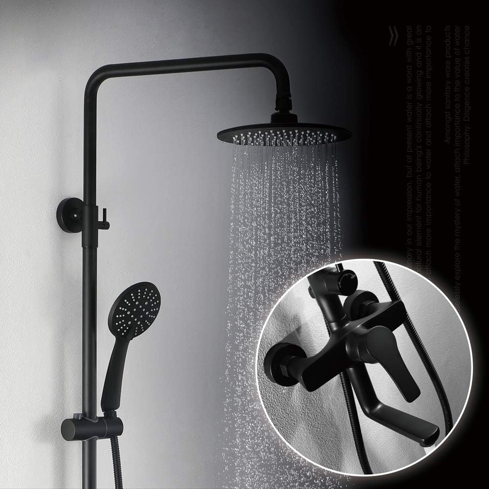 Yunjie Thermostat Shower System, Wall Mounted Circular Matte Black Bathroom Shower Mixer with Rainfall Shower Head, Handheld Shower, Wall Rail, Water-Saving