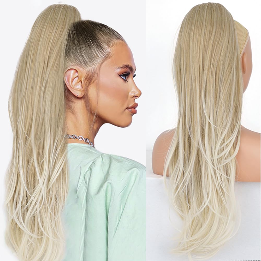PORSMEER Ponytail Extension,Drawstring Ponytail Hair Extensions Blonde to Platinum Colour 26 Inch Long Natural Straight Wavy End Synthetic Hairpiece for Women Girls Daily Use — image 1