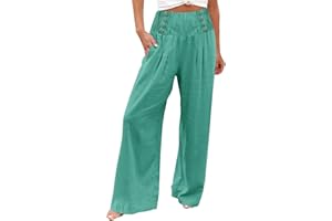 MIDELXP Wide Leg Linen Pants for Women Elastic Smocked Waist Palazzo Pants Lightweight Summer Boho Beach Pants with Pockets