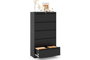 VIYET Lateral File Cabinet with Lock,5 Drawer Metal Filing Cabinets, Home Office Storage Cabinet for Hanging Files Letter/Legal/F4/A4 (Black)