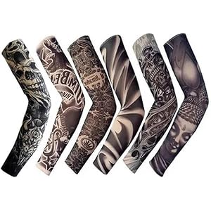 6Pairs Black Set Temporary Tattoo Sleeve,Cooling Arm Sleeves Long Fingerless UV Protection Sun Temporary for Outdoor Work, Sp