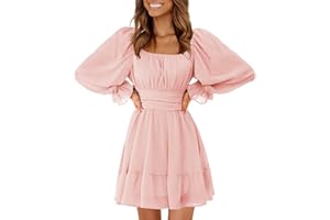 EXLURA Women's 2025 Casual Long Lantern Sleeve Dresses Square Neck Ruffle Tie Back Elastic Waist Aline Short Mini Dress