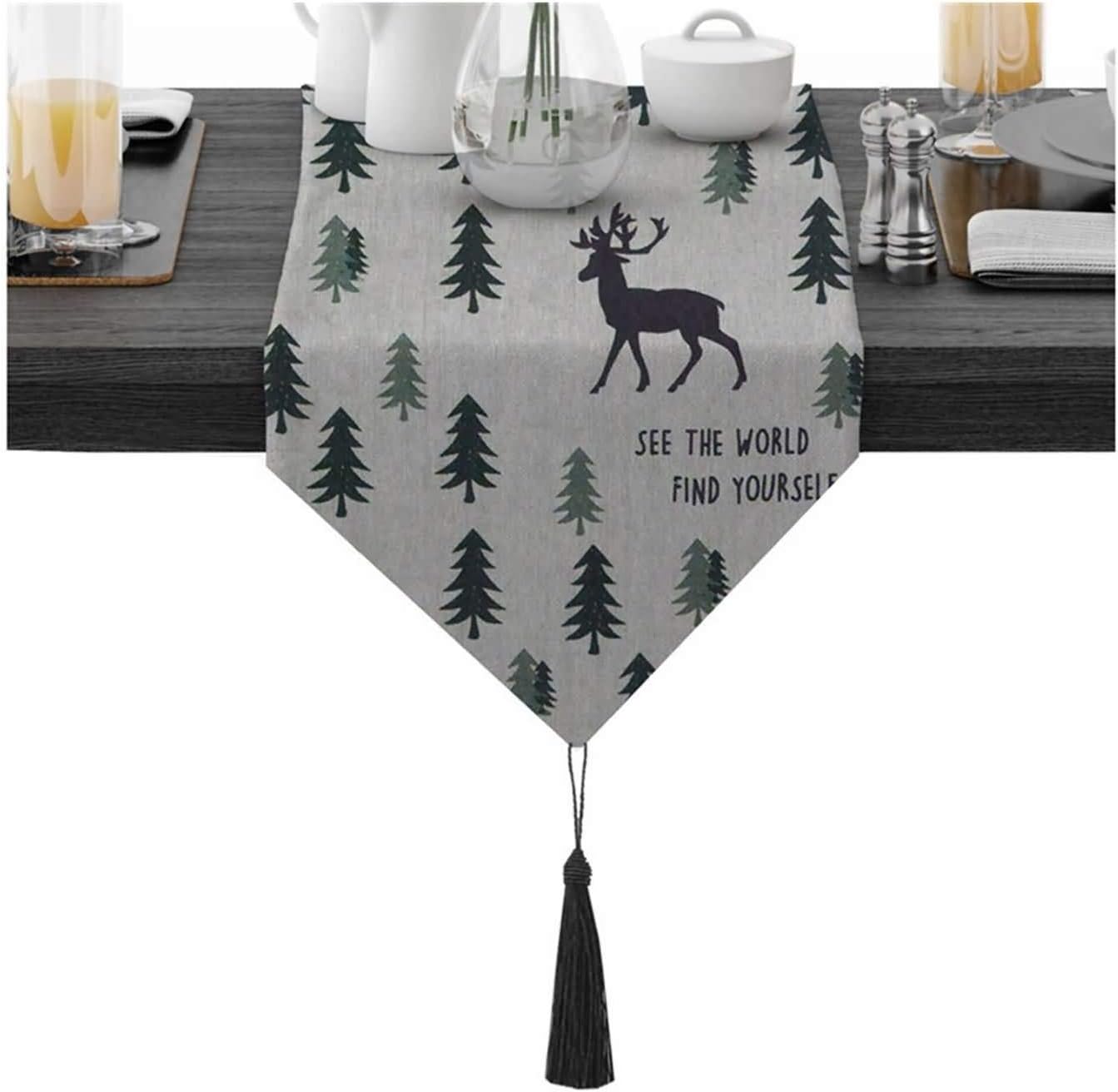 AueDsa Table Runner 30x160CM,Cotton Table Runner Deer In Forest with