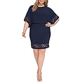 Jessica Howard Womens Lace Trim Knit Mini Dress – Boat Neck Elbow Sleeve Desk to Dinner