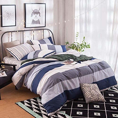 CocoQueen Multi Beige Blue Grey Stripe 4pc Duvet Cover Set 100% Cotton Full/Queen Size for Man Boy