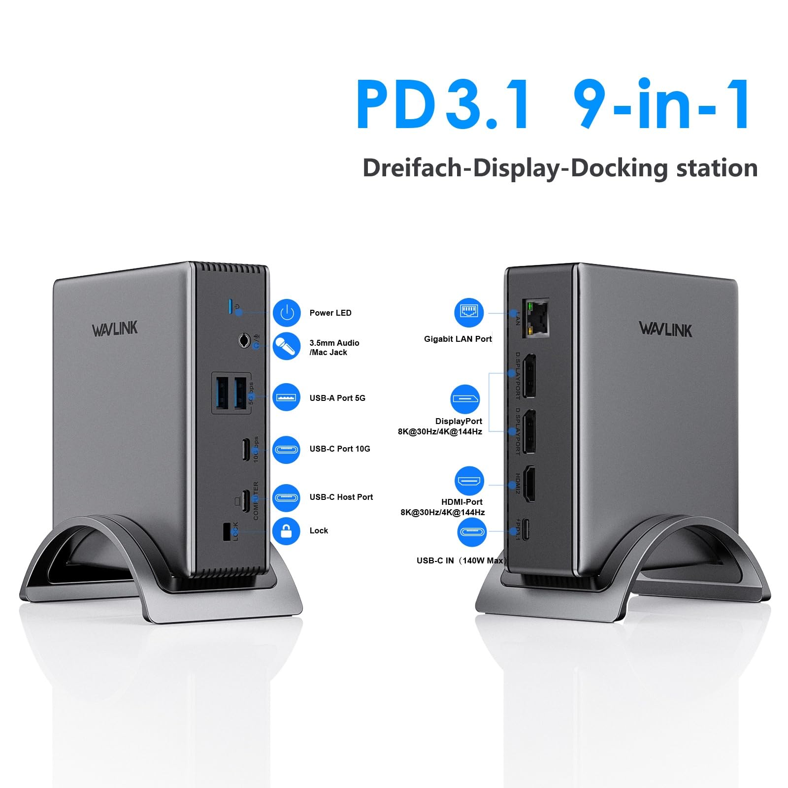 USB C Docking Station,PD3.1 Docking Station für 3 Monitore mit 2*DP+HDMI, 4K@144Hz,140W Ladegerät, USB-C 10Gbps,USB-A 5Gbps,Gigabit-Ethernet,Audio/Mikrofon für Lenovo, HP, Dell, Windows System 2