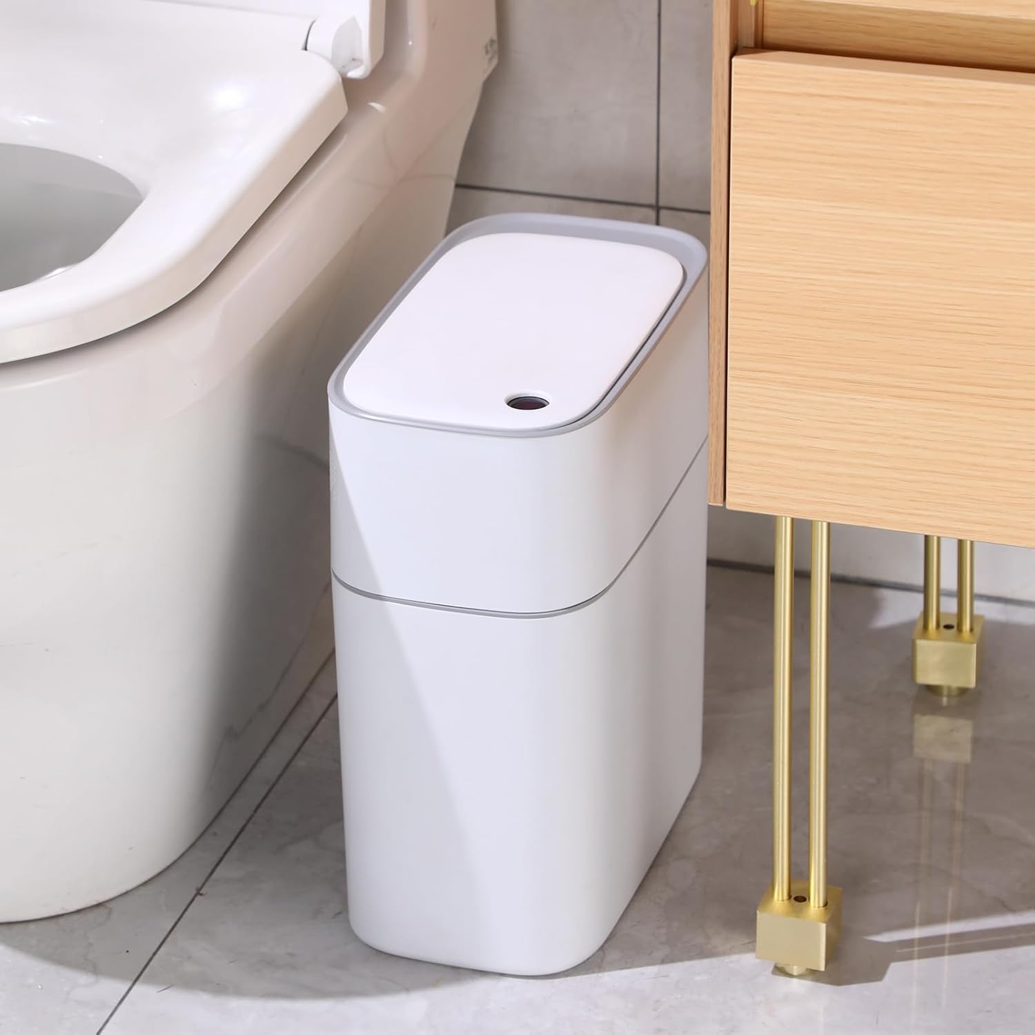 Photo 1 of funest Automatic Touchless Bathroom Trash Can with Lid- 3.5 Gallon Motion Sensor Garbage Can for Kitchen, Bedroom, Office,Auto-Adsorption Waterproof Bathroom Trash Can