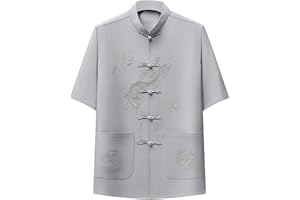Cambkatl Men's Short Sleeve Mandarin Collar Kung Fu Shirts Chinese Traditional Embroidered Tai Chi Frog-Button Shirt