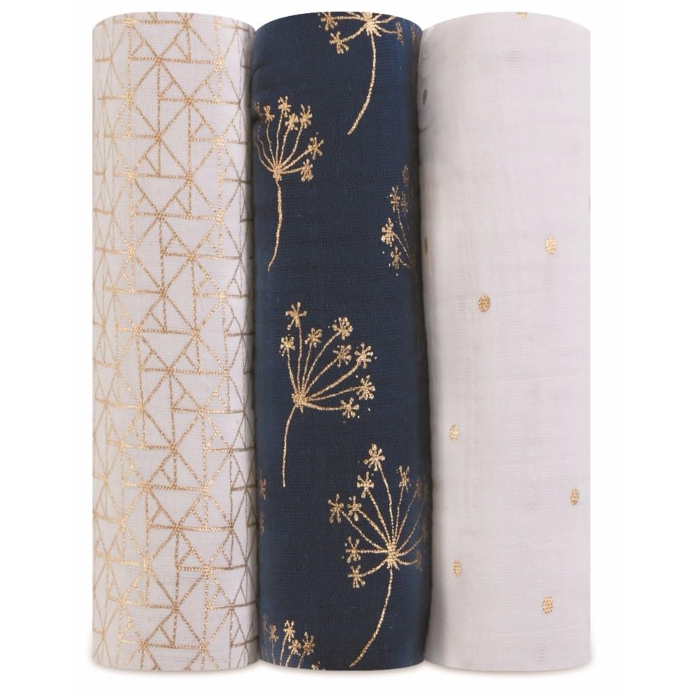 aden + anais 100% cotton Muslin Metallic Swaddle & Receiving Blankets for Baby Girls & Boys, 120x120cm, Ideal Newborn & Infant Swaddling Wrap Set, Perfect Shower Gifts, 3 Pack, metallic gold deco