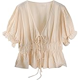 SHENHE Women's Plus Size Bow Tie Front Peplum Blouse Puff Short Sleeve Deep V Neck Babydoll Shirts