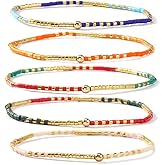 Ustome Colorful Stackable Rice Small Mini Seed Beaded Bracelets Set For Women, Handmade Dainty Boho Gold Glass Stretch Accessories Jewelry,Summer Beach Party Daily Friendship Gift