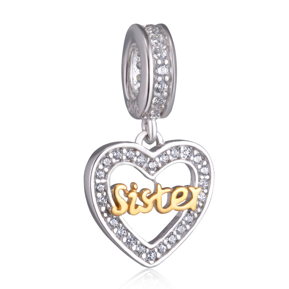 Sister Love Heart Bracelet Charms for Women - 925 Sterling Silver Dangling Pendant - Fit Pandora Charm Bracelets, Necklaces, European Snake Chains - Birthday/Thanksgiving Gifts.