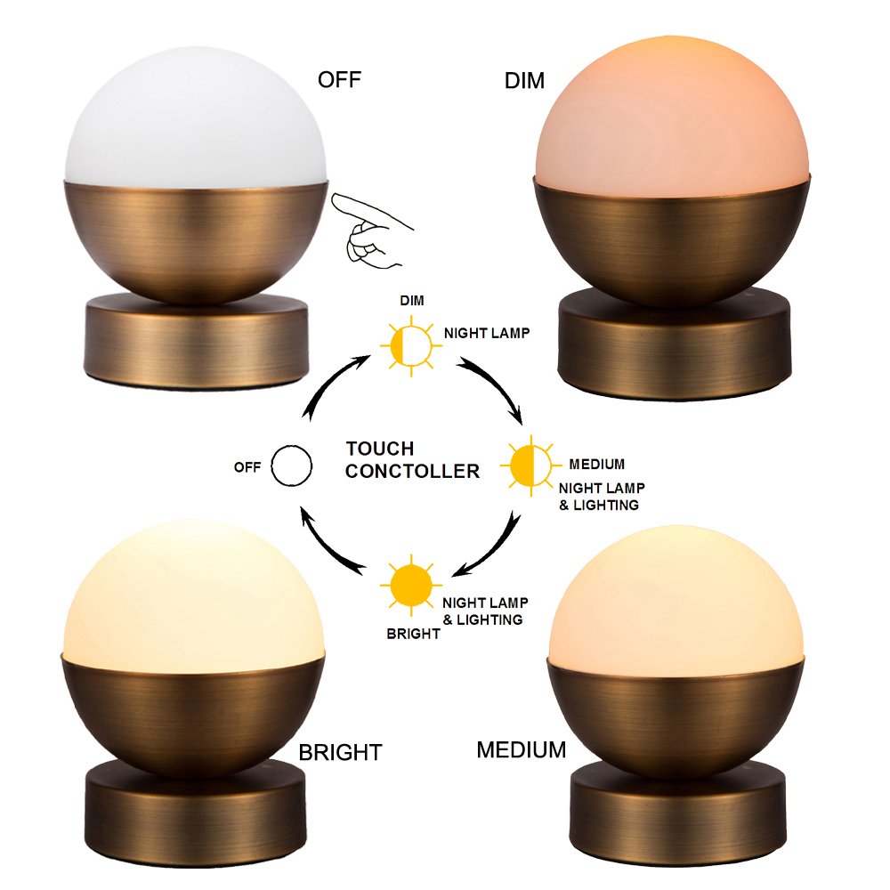 JINZO Touch On Table Lamp Nightlight Dimmable Bedside Lamps For Bedrooms Nursery Lamp E12 Base Contemporary Age Brass Finished