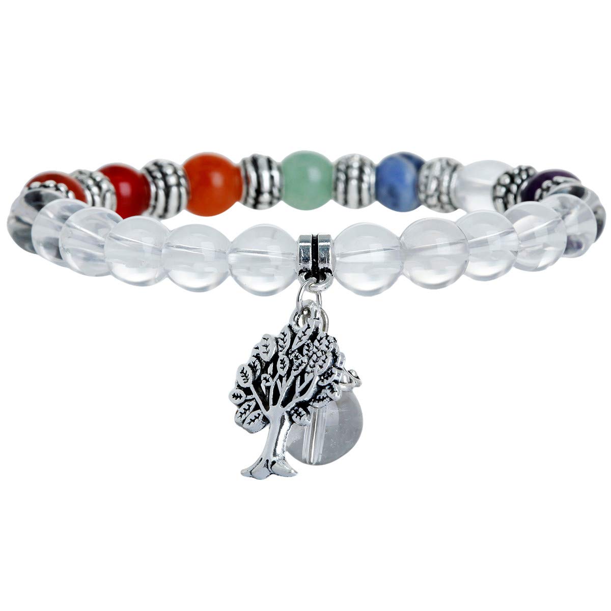 Nupuyai Gemstone Bracelet for Men and Women, Stretch 8 mm Beads Bracelets with Tree of Life Pendant for Reiki Yoga Energy Therapy 18 centimeters multicoloured