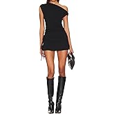 Azhong Women's Summer Bodycon Mini Dress Sexy One Shoulder Side Drawstring Ruched Party Cocktail Y2K Dresses