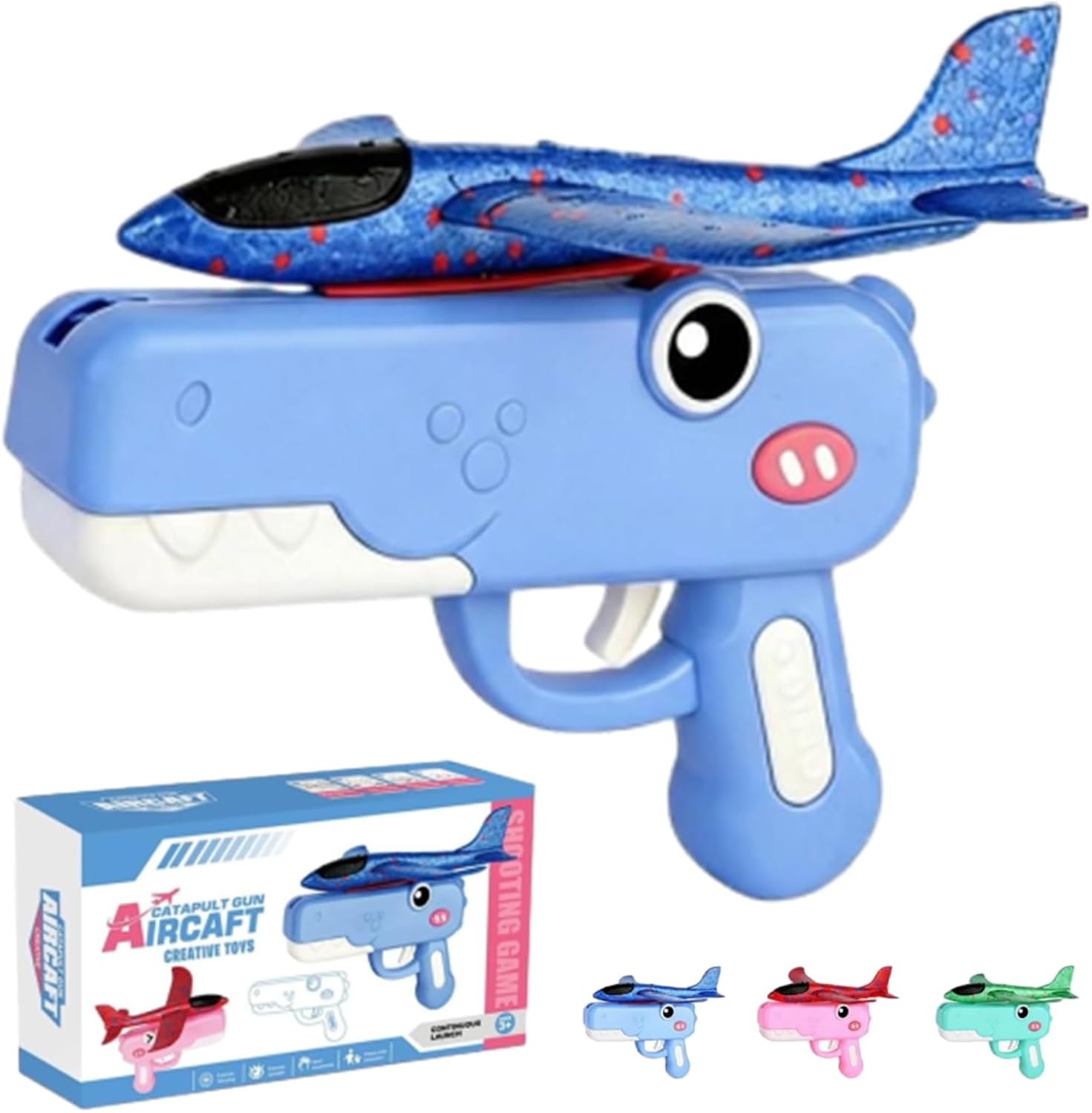 Dinosaur Airplane Launcher Toy, Foam Airplane Launcher with 8 Inch Foam Glider, Fun Plane Toy, Long Distance 33-59ft, Birthday Gift (Blue)