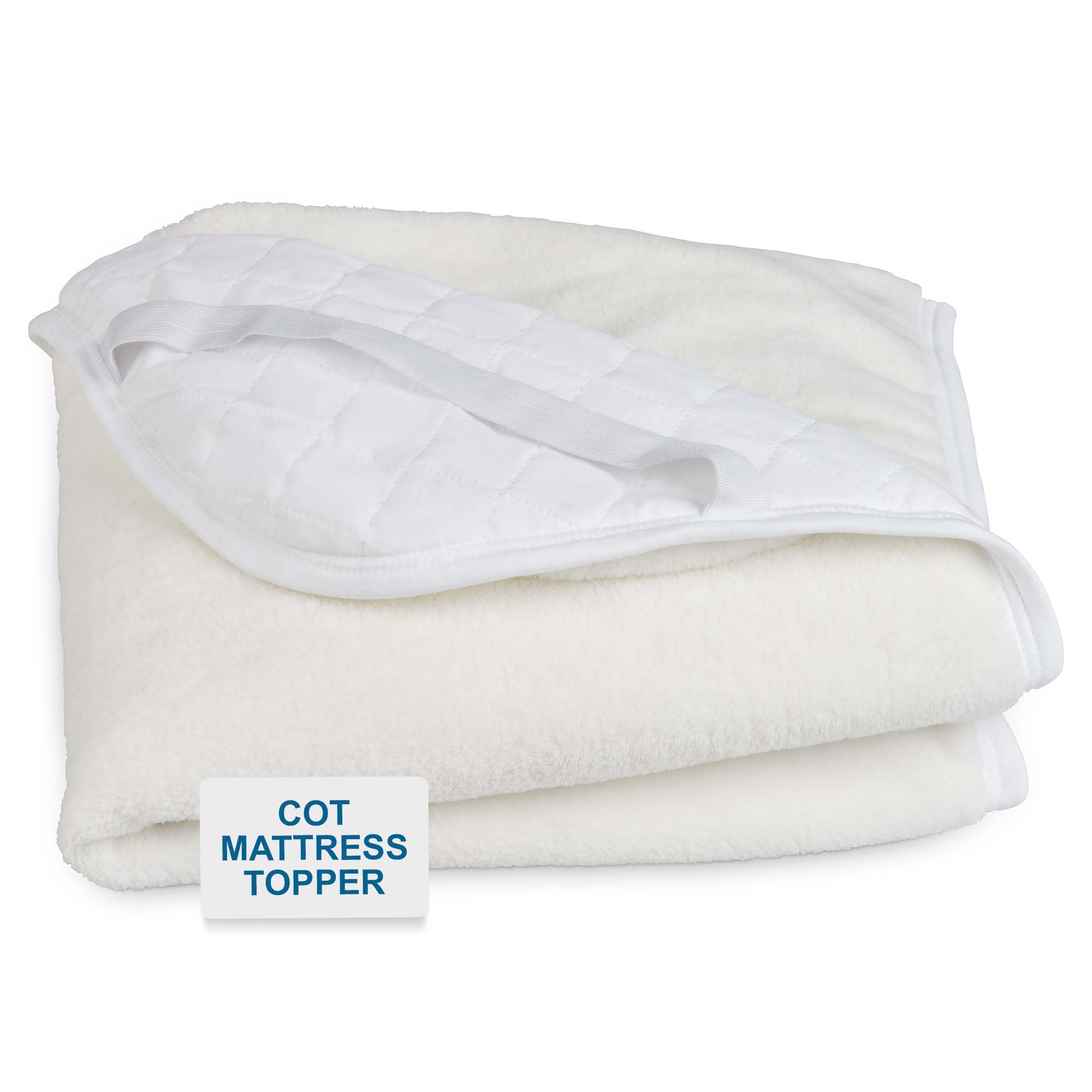 Travel Cot Mattress Topper Protector in Cosy Fleece for Extra Comfort and Warmth - 96 x 66 cm - Reverse Side in Quality Quilting with Corner Straps - Made in Portugal Beige