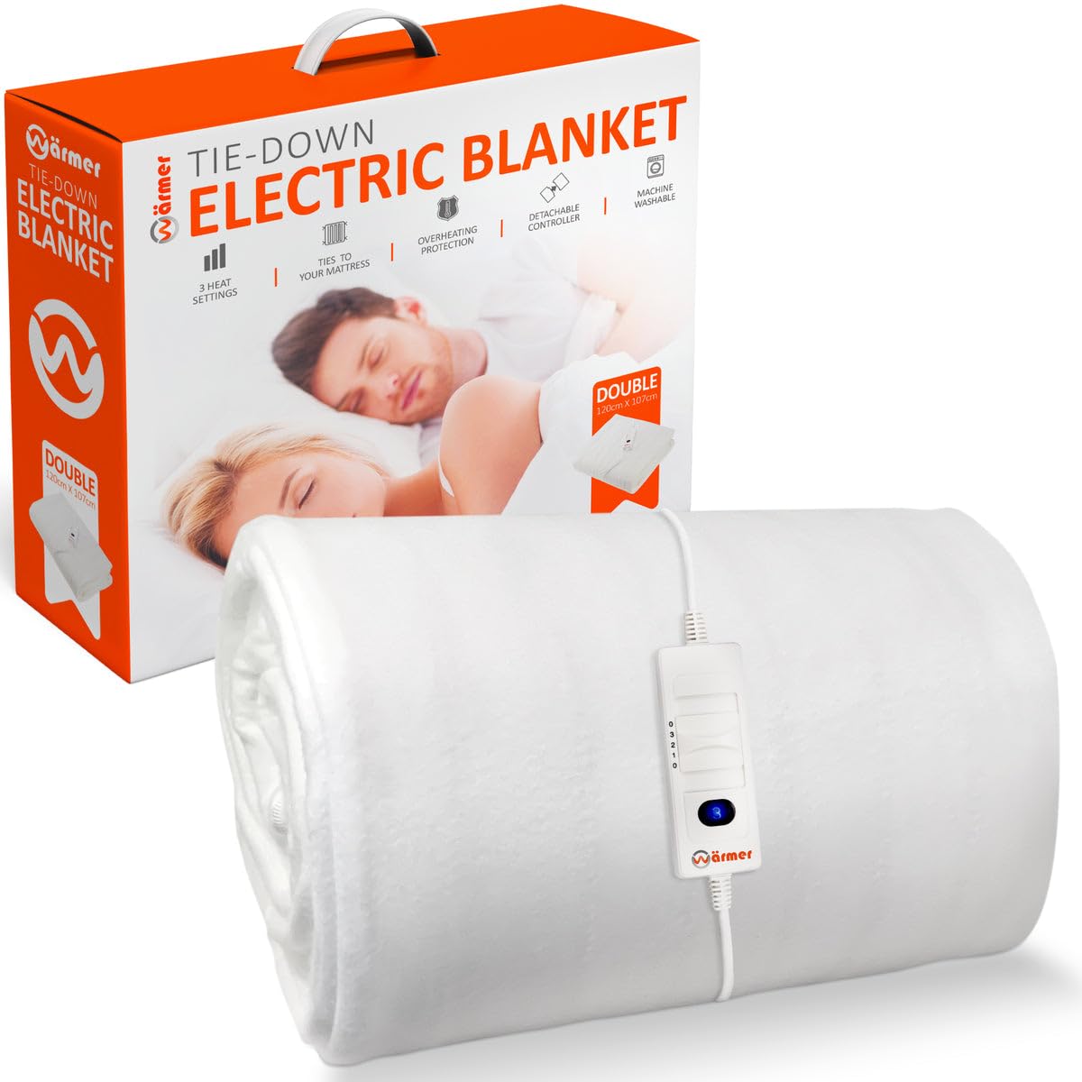 Warmer Wärmer Electric Blanket Double Size Underblanket, 3 Heat Settings, Bed with Overheat Protection Machine Washable - Tie Down
