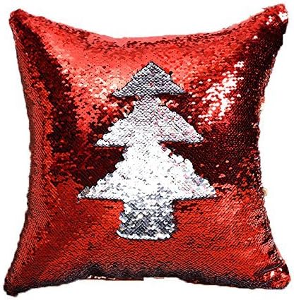 Mermaid Pillow Case Sequins Cushion Cover - Reversible Mermaid Throw Pillow Case Color Changing Sequins 16 x 16 inches (Red-Silver)