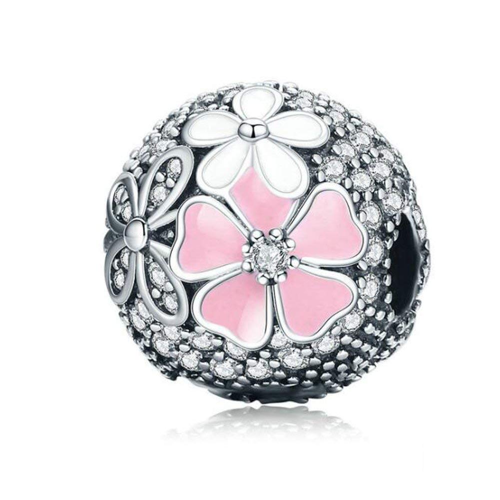 Flowers Charm 925 Sterling Silver Love Heart Clip Charm Stopper Charm Lock Charm Stopper Charms for Pandora Bracelets (Pink Flower Charms)