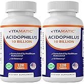 Vitamatic 2 Packs Acidophilus Probiotic - 10 Billion CFU - 120 Tablets - 5X Potency - Daily Probiotic Supplement, Supports Digestive Health (Total 240 Tablets)