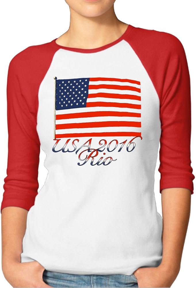 USA 2016 RIO Women's Classic 100% Cotton 3/4 Sleeve Athletic Baseball Raglan Sleeves T-Shirt