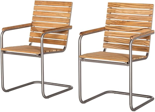 Amazon De Ambientehome Stuhl 2 Er Set Sessel Teakholz Edelstahl Freischwinger Mia Braun 56x61x87 Cm 69293