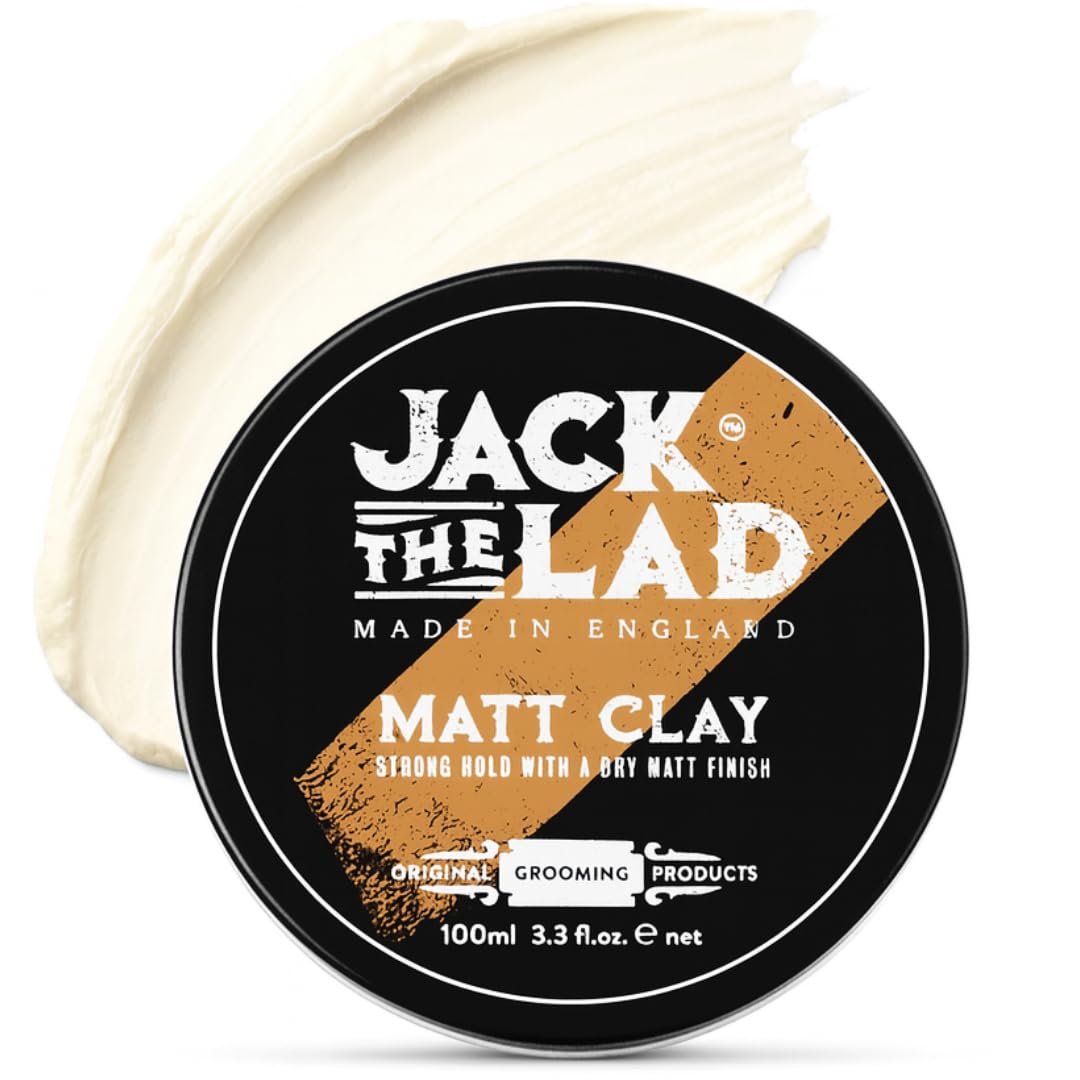 Jack The Lad Matt Clay for Men, Strong Hold Hair Styling Clay, 100ml, Water-Based Matt Finish, Texture & Volume, Reworkable, Paraben-Free, Easy Wash Out, Sandalwood & Amber